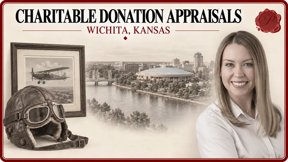 Charitable donation appraisals illustration with an aviation print and historic flying helmet, an appraiser portrait and Century II in Wichita, Kansas.