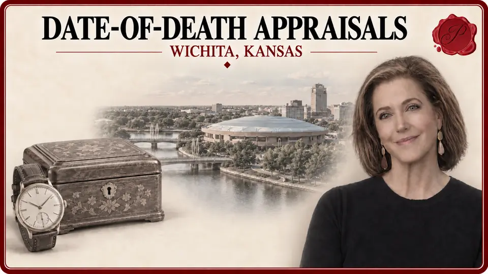Date-of-death appraisals illustration with an inlaid wooden box and wristwatch, an appraiser portrait and Century II in Wichita, Kansas.