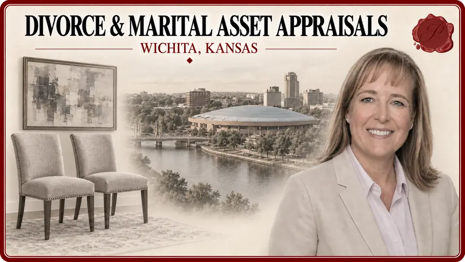 Divorce & marital asset appraisals illustration with dining chairs and a painting, an appraiser portrait and Century II in Wichita, Kansas.
