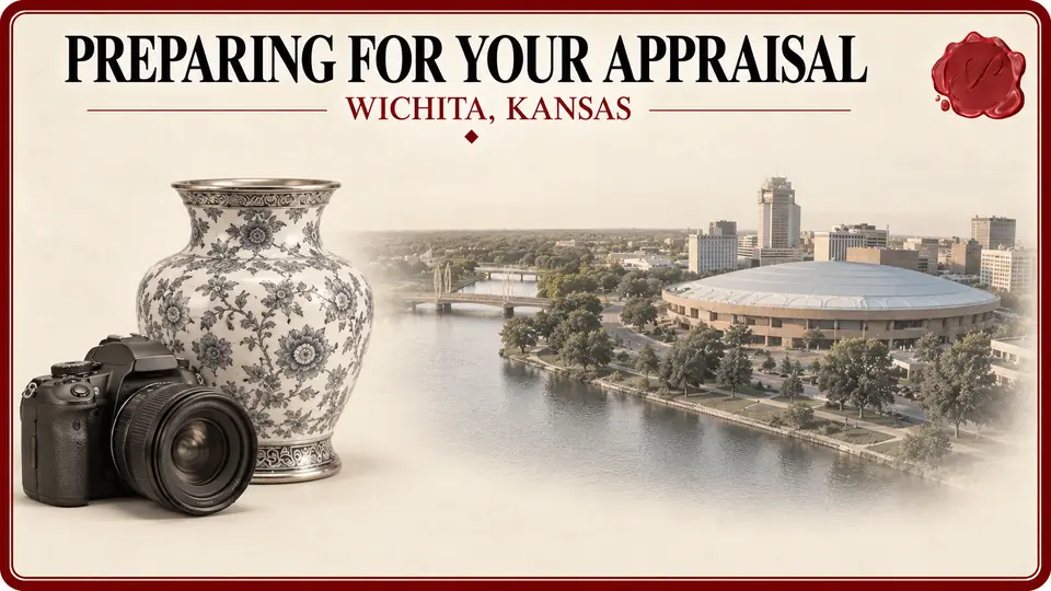 Appraisal preparation illustration with a camera, porcelain vase and Century II beside the Arkansas River in Wichita, Kansas.