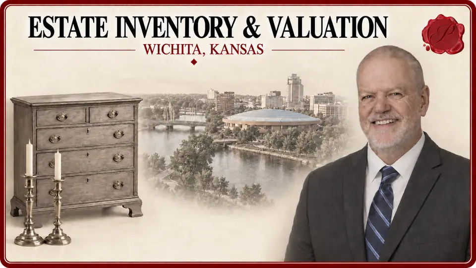 Estate inventory & valuation illustration with a chest of drawers and pair of candlesticks, an appraiser portrait and Century II in Wichita, Kansas.