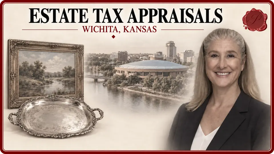 Estate tax appraisals illustration with a framed landscape painting and silver serving tray, an appraiser portrait and Century II in Wichita, Kansas.