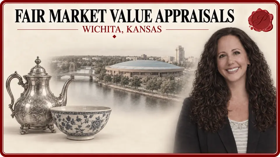 Fair market value appraisals illustration with a silver teapot and ceramic bowl, an appraiser portrait and Century II in Wichita, Kansas.