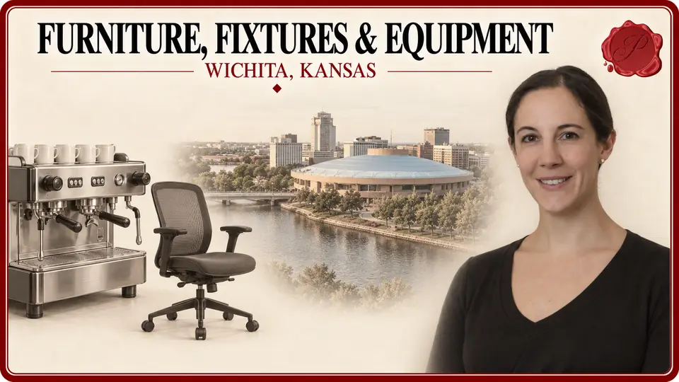 Furniture, fixtures and equipment appraisal illustration with an espresso machine, office chair, appraiser portrait and Century II in Wichita, Kansas.