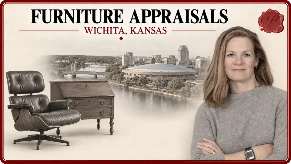 Furniture appraisals illustration with a lounge chair and writing desk, an appraiser portrait and Century II in Wichita, Kansas.