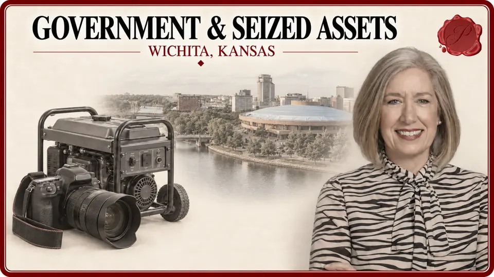 Government & seized assets illustration with a professional camera and portable generator, an appraiser portrait and Century II in Wichita, Kansas.