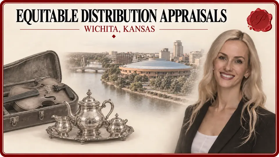 Equitable distribution appraisals illustration with a violin and silver tea service, an appraiser portrait and Century II in Wichita, Kansas.