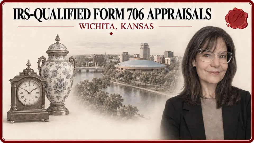 Form 706 appraisal illustration with a porcelain urn, mantel clock, appraiser portrait and Century II in Wichita, Kansas.