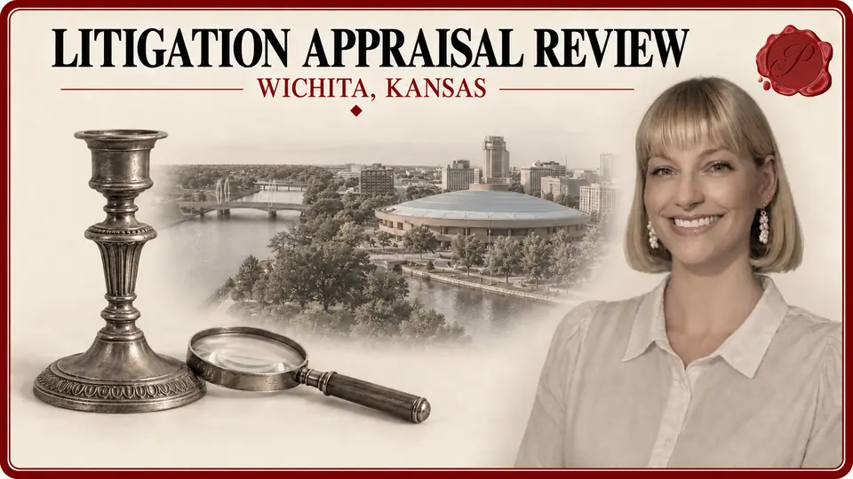 Litigation appraisal review illustration with a bronze candlestick and magnifying glass, an appraiser portrait and Century II in Wichita, Kansas.