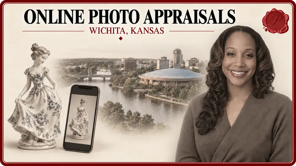 Online photo appraisals illustration with a ceramic figurine and its photograph on a smartphone, an appraiser portrait and Century II in Wichita, Kansas.