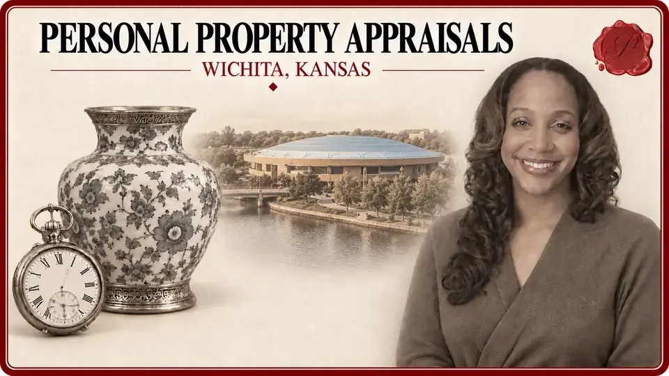 Personal property appraisals illustration with a porcelain vase and pocket watch, an appraiser portrait and Century II in Wichita, Kansas.