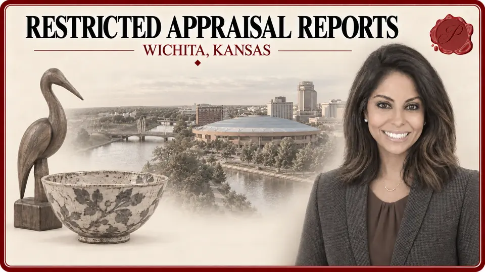 Restricted appraisal reports illustration with a ceramic bowl and wooden bird sculpture, an appraiser portrait and Century II in Wichita, Kansas.