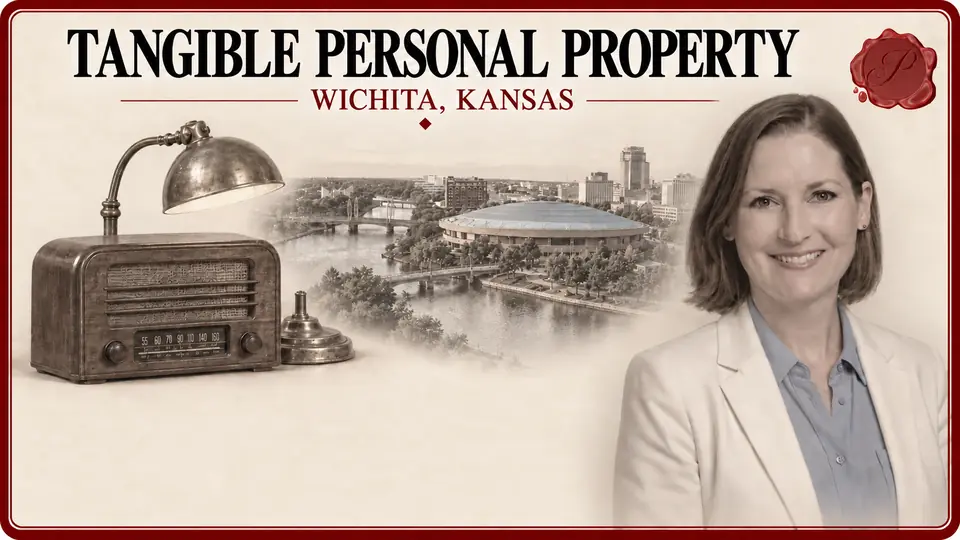 Tangible personal property illustration with a wooden radio and brass desk lamp, an appraiser portrait and Century II in Wichita, Kansas.