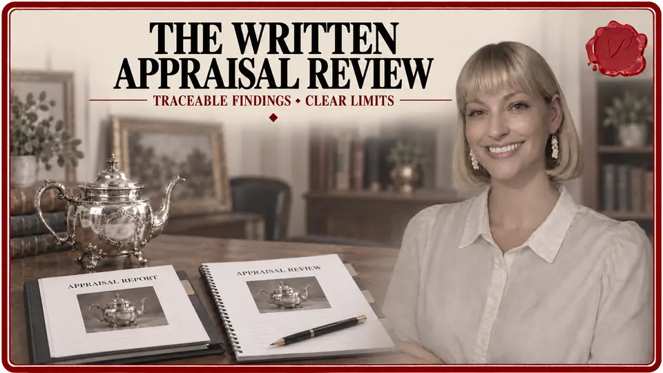 Appraiser beside a written appraisal review, original report and silver teapot with matching property photographs.